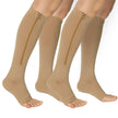 Ktinnead 2 Pairs Zipper Compression Socks for Women 15-20 mmHg Open Toe Compression Stockings for Women Men Graduated Knee High Medical Compression Socks for Nurse Teacher Pregnant(Nude S/M)