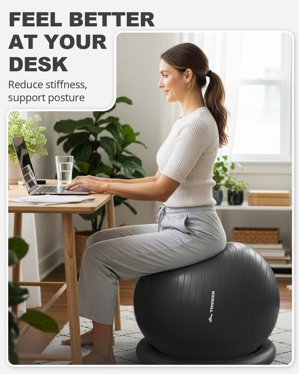 Exercise Ball for Office Desk, Yoga Ball Chair to Relieve Back Pain, Stability & Fitness Ball Seat with Base, Home Gym Core Workout, Abs, Stretching & Therapy