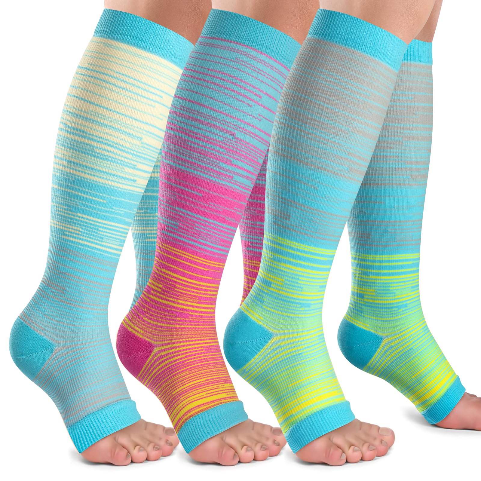 Open Toe Compression Socks Women & Men-3 Pairs 20-30 mmHg Knee High Stockings for Circulation Support