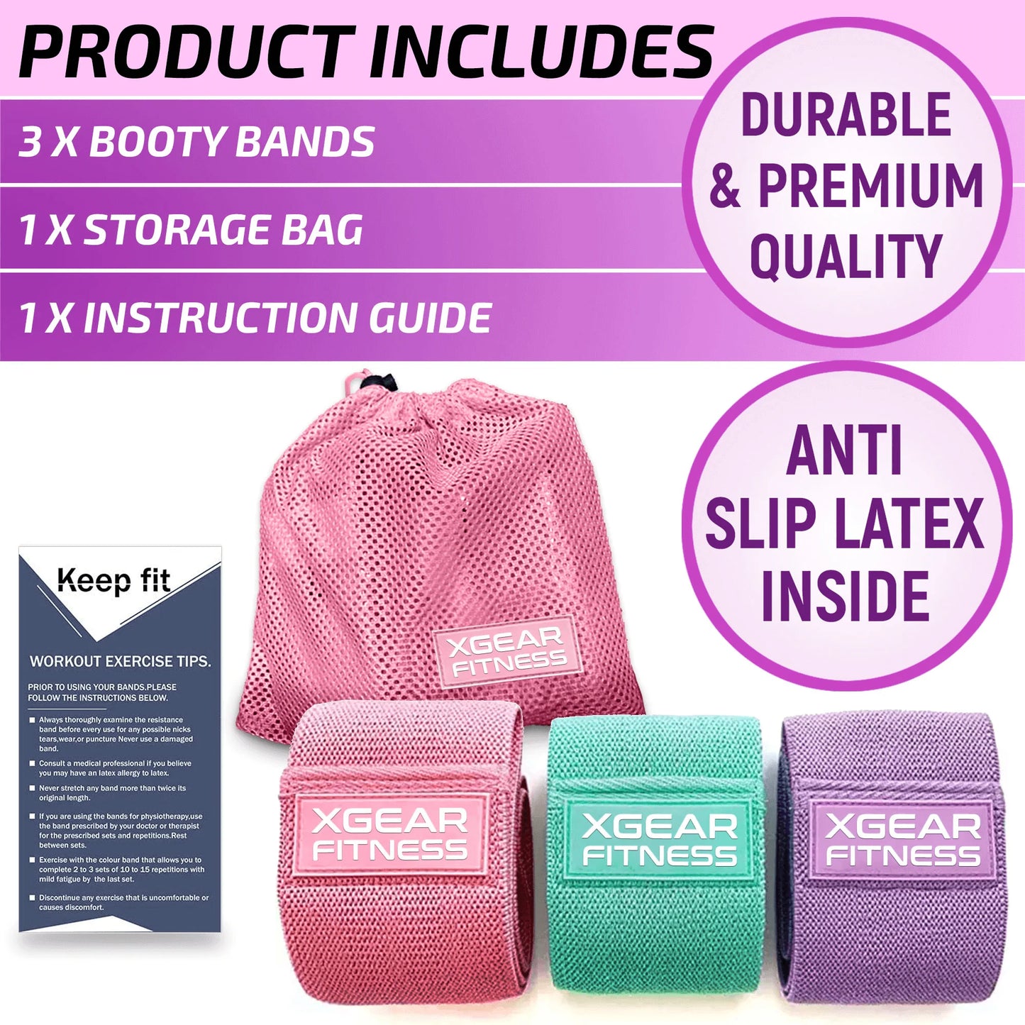 Xgear Fitness Set of 3 Womens Butt and Hip Exercise Bands