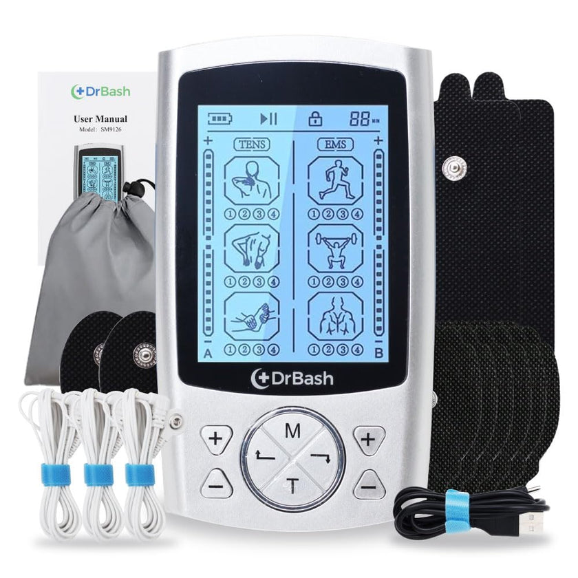 DrBash TENS & PMS Dual Channel Unit Machine | TENS Unit Muscle Stimulator with 10 Pads | Muscle Stimulator for Pain Relief Therapy with 24 Modes | Electrodes Muscle Stimulator for Physical Therapy