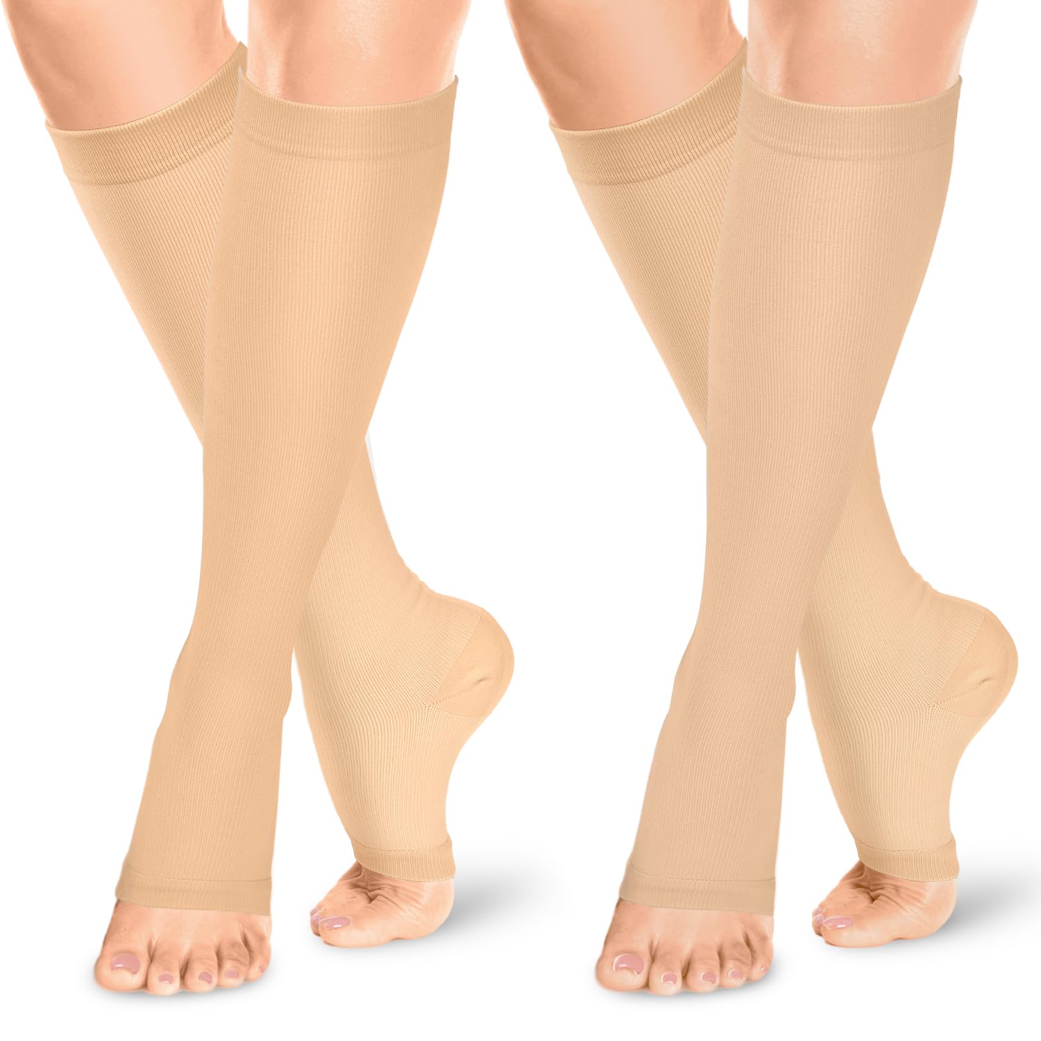 ACTINPUT Open Toe Compression Socks Women & Men-2 Pairs 15-20 mmHg Knee High Graduated Toeless Compression Socks(Nude，S/M)