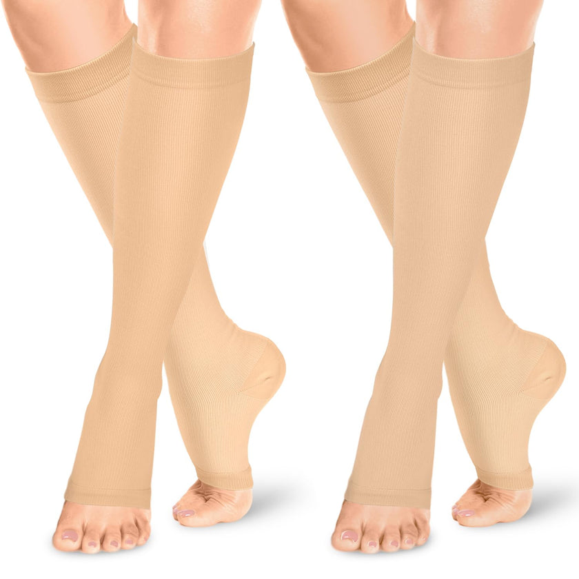 ACTINPUT Open Toe Compression Socks Women & Men-2 Pairs 15-20 mmHg Knee High Graduated Toeless Compression Socks(Nude，S/M)