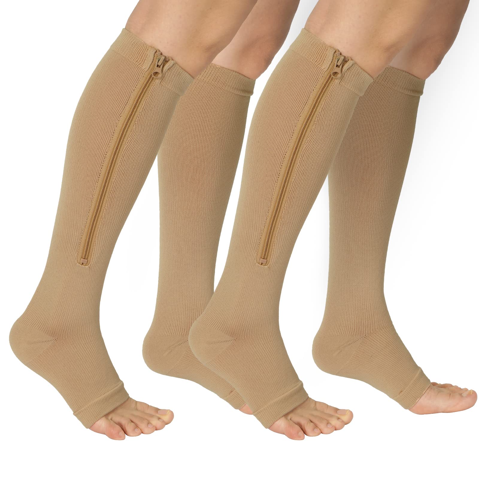 Ktinnead 2 Pairs Zipper Compression Socks for Women 15-20 mmHg Open Toe Compression Stockings for Women Men Graduated Knee High Medical Compression Socks for Nurse Teacher Pregnant(Nude S/M)