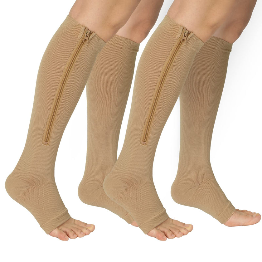 Ktinnead 2 Pairs Zipper Compression Socks for Women 15-20 mmHg Open Toe Compression Stockings for Women Men Graduated Knee High Medical Compression Socks for Nurse Teacher Pregnant(Nude S/M)