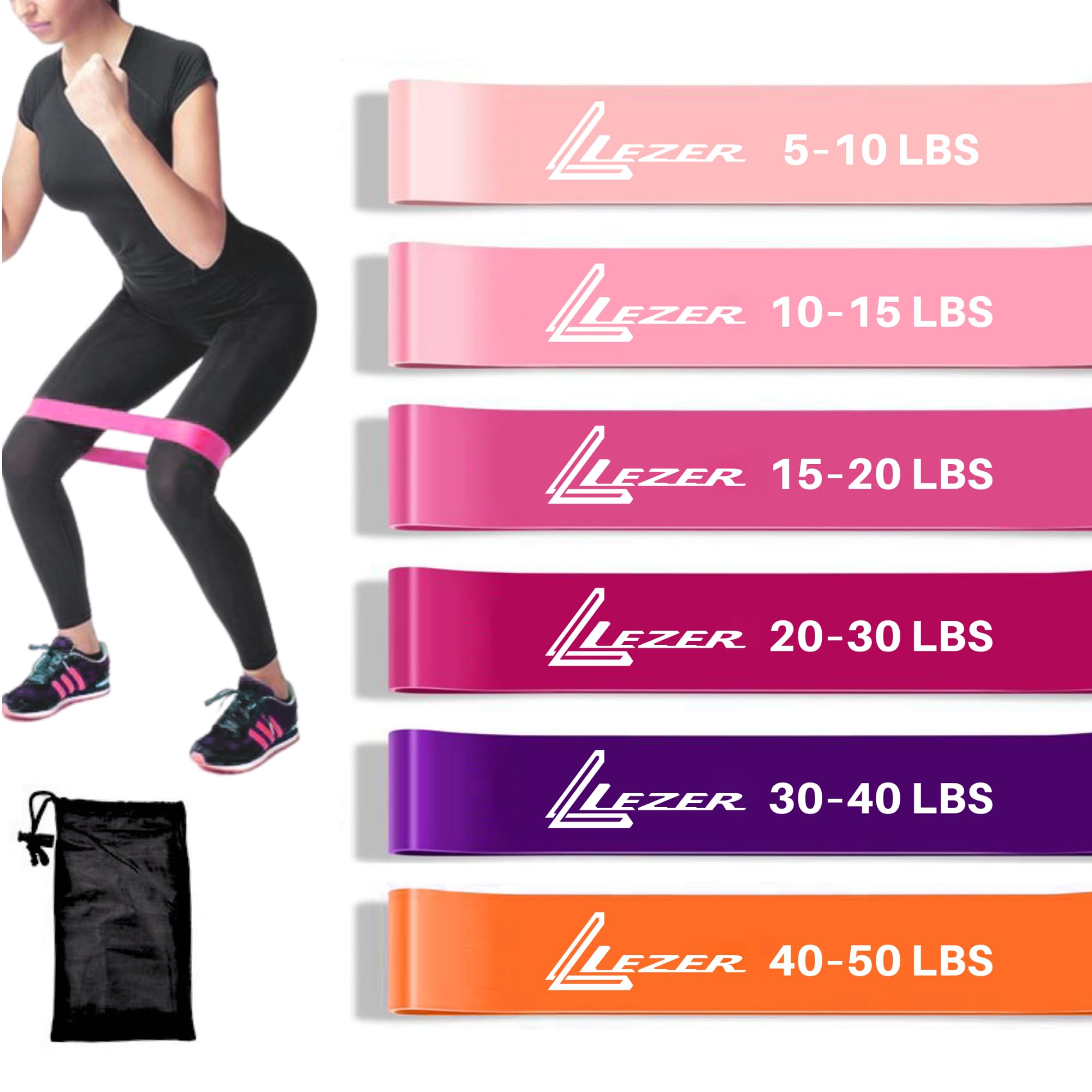 LEZER Resistance Loop Bands for Exercise Workout Elastic Band Stretch Home Gym Fitness Strength Training Physical Therapy Yoga Women Men with Instruction and Carry Bag Set of 6